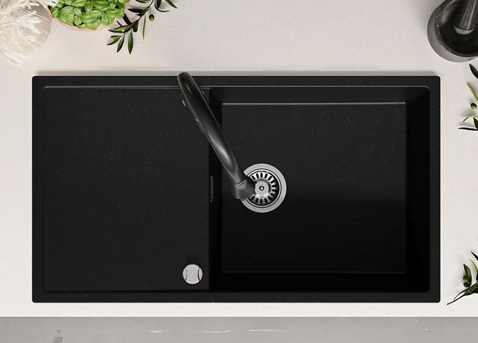 PRIMAGRAN Evier Cuisine en Granit Noir Métallisé 90x50cm, Lavabo 1 bac + Kit de Vidage, Évier à Encastrer au meuble 60cm - Ibiza