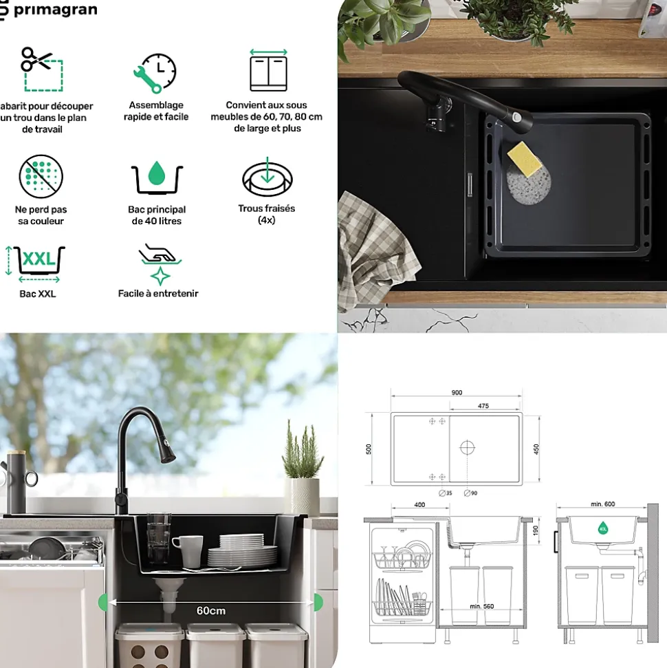 PRIMAGRAN Evier Cuisine en Granit Noir Métallisé 90x50cm, Lavabo 1 bac + Kit de Vidage, Évier à Encastrer au meuble 60cm - Ibiza