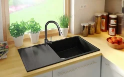 PRIMAGRAN Evier Cuisine en Granit Noir Métallisé 90x50cm, Lavabo 1 bac + Kit de Vidage, Évier à Encastrer au meuble 60cm - Ibiza