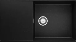 PRIMAGRAN Evier Cuisine en Granit Noir Métallisé 90x50cm, Lavabo 1 bac + Kit de Vidage, Évier à Encastrer au meuble 60cm - Ibiza