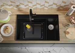 PRIMAGRAN Evier Cuisine en Granit Tout Noir 78x50cm, Lavabo 2 bacs + Accessoires, Évier à Encastrer au meuble 80cm