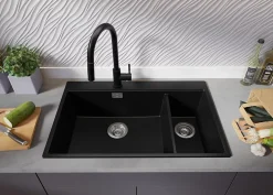 PRIMAGRAN Evier Cuisine en Granit Tout Noir 78x50cm, Lavabo 2 bacs + Accessoires, Évier à Encastrer au meuble 80cm