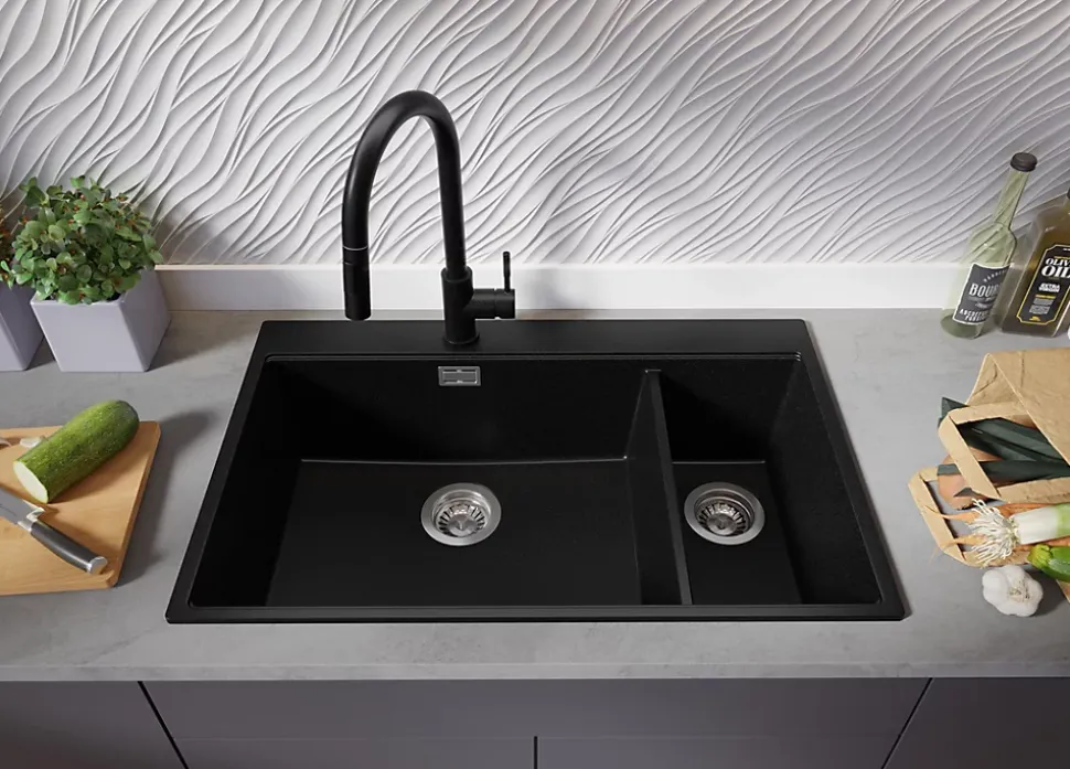 PRIMAGRAN Evier Cuisine en Granit Tout Noir 78x50cm, Lavabo 2 bacs + Accessoires, Évier à Encastrer au meuble 80cm