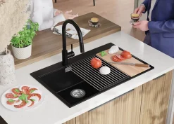 PRIMAGRAN Evier Cuisine en Granit Tout Noir 78x50cm, Lavabo 2 bacs + Accessoires, Évier à Encastrer au meuble 80cm
