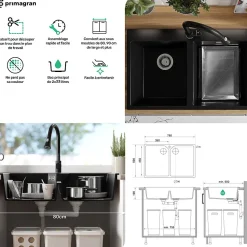 PRIMAGRAN Evier Cuisine en Granit Blanc 78x50cm, Lavabo 2 bacs + Kit de Vidage, Évier à Encastrer au meuble 80cm - Madrid Twin