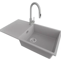 PRIMAGRAN Evier Cuisine en Granit Gris 90x50cm, Lavabo 1 bac + Kit de Vidage + Accessoires, Évier à Encastrer au meuble 60cm