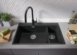 PRIMAGRAN Evier Cuisine en Granit Graphite 78x50cm, Lavabo 2 bacs + Kit de Vidage + Accessoires, Évier à Encastrer au meuble 80cm