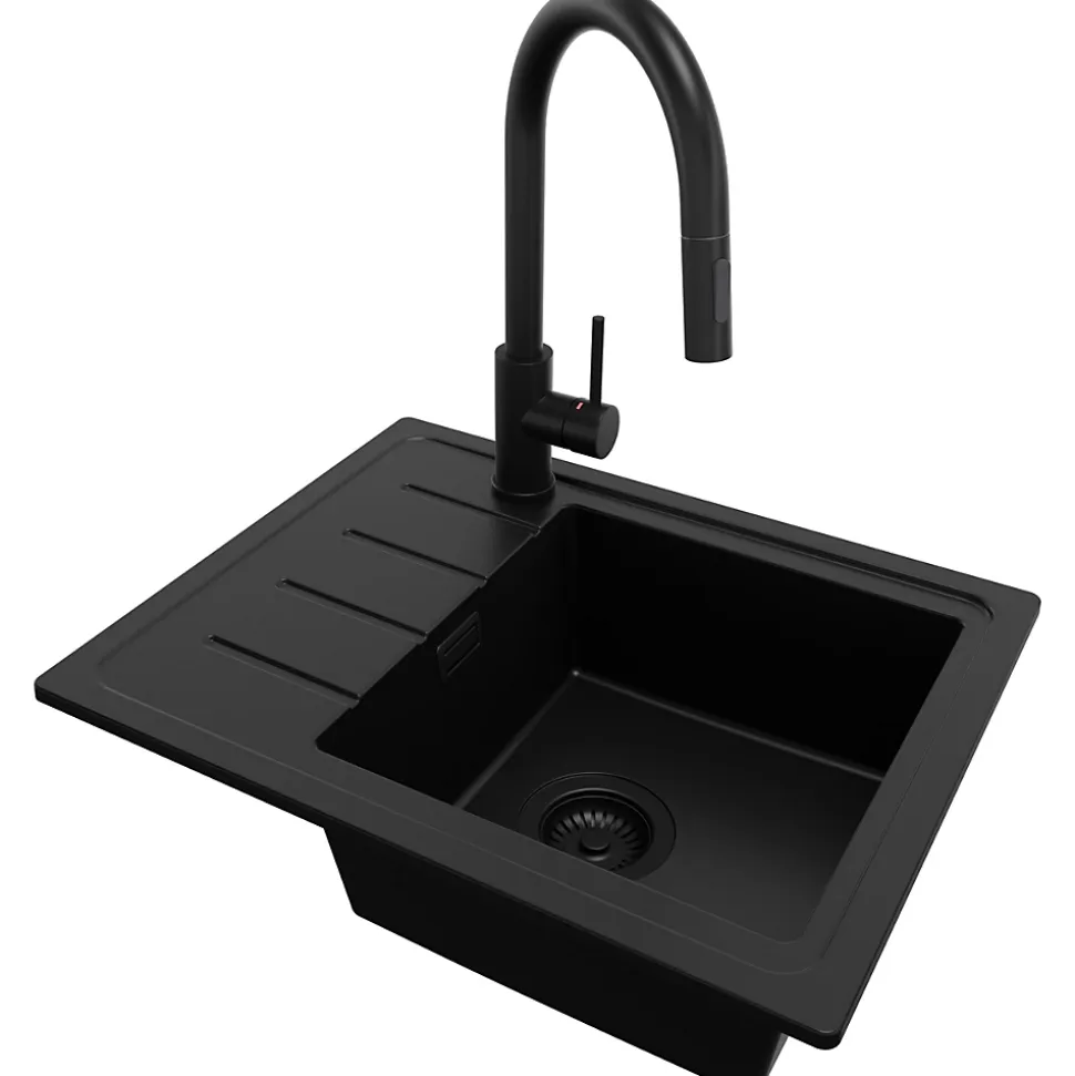 PRIMAGRAN Evier Cuisine en Granit Tout Noir 55x44cm, Lavabo 1 bac + Kit de Vidage + Accessoires, Évier à Encastrer au meuble 45cm