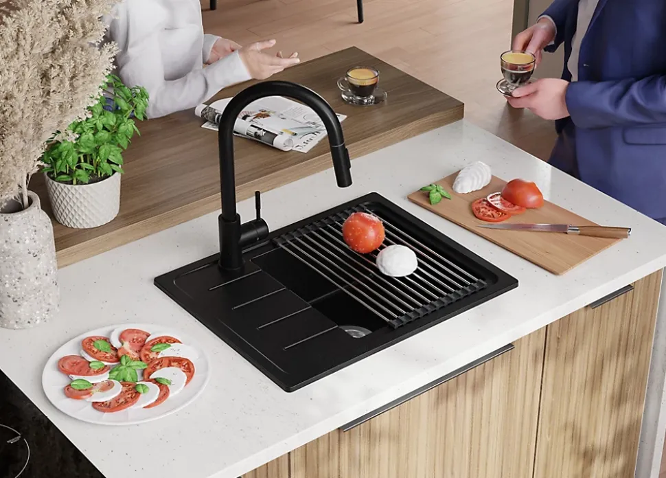 PRIMAGRAN Evier Cuisine en Granit Tout Noir 55x44cm, Lavabo 1 bac + Kit de Vidage + Accessoires, Évier à Encastrer au meuble 45cm