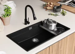 PRIMAGRAN Evier Cuisine en Granit Noir Métallisé 86x47cm, Lavabo 1 bac + Accessoires, Évier à Encastrer au meuble 90cm