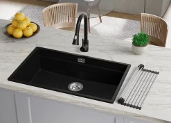 PRIMAGRAN Evier Cuisine en Granit Noir Métallisé 86x47cm, Lavabo 1 bac + Accessoires, Évier à Encastrer au meuble 90cm