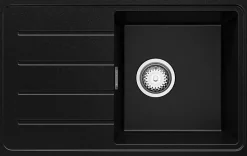 PRIMAGRAN Evier Cuisine en Granit Noir 70x44cm, Lavabo 1 bac + Kit de Vidage, Évier à Encastrer au meuble 45cm - Copenhague Easy