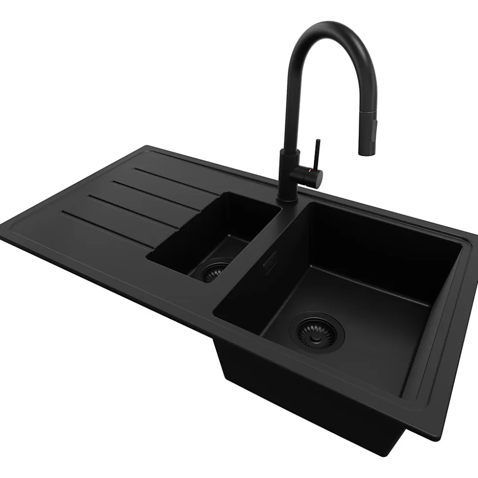 PRIMAGRAN Evier Cuisine en Granit Tout Noir 90x50cm, Lavabo 1,5 bacs + Accessoires, Évier à Encastrer au meuble 60cm