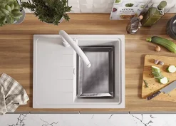 PRIMAGRAN Evier Cuisine en Granit Blanc 62x50cm, Lavabo 1 bac + Kit de Vidage, Évier à Encastrer au meuble 40cm - Milan