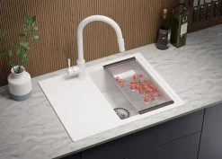 PRIMAGRAN Evier Cuisine en Granit Blanc 62x50cm, Lavabo 1 bac + Kit de Vidage, Évier à Encastrer au meuble 40cm - Milan
