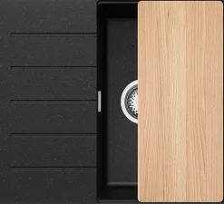 PRIMAGRAN Evier Cuisine en Granit Noir Métallisé 55x50cm, Lavabo 1 bac + Accessoires, Évier à Encastrer au meuble 40cm