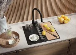 PRIMAGRAN Evier Cuisine en Granit Noir Métallisé 55x50cm, Lavabo 1 bac + Accessoires, Évier à Encastrer au meuble 40cm