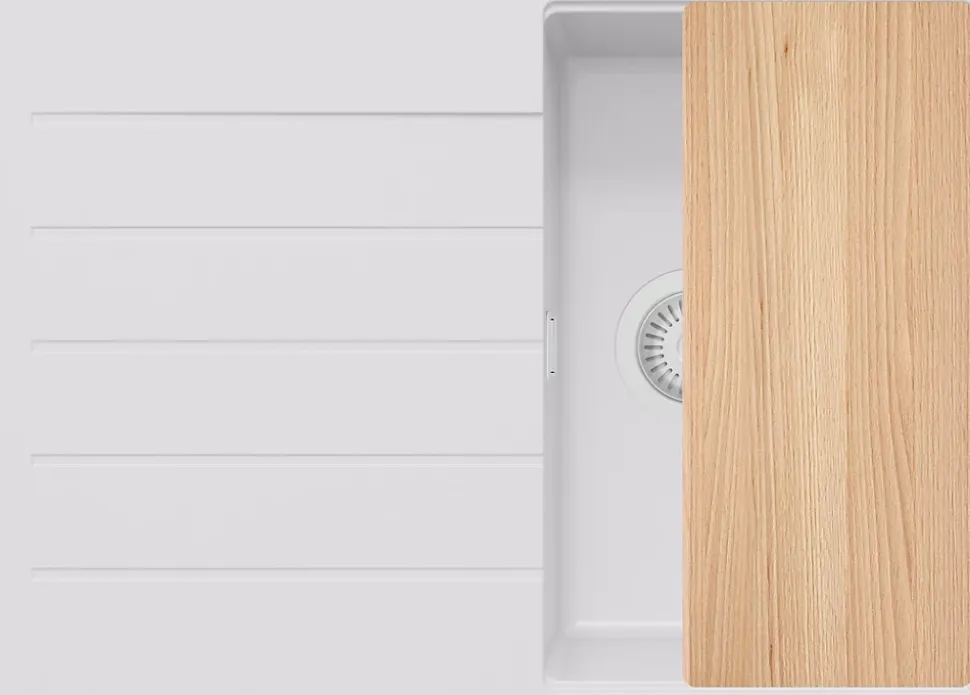 PRIMAGRAN Evier Cuisine en Granit Tout Blanc 70x50cm, Lavabo 1 bac + Accessoires, Évier à Encastrer au meuble 40cm