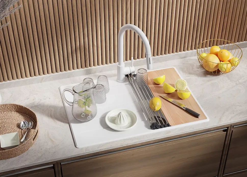 PRIMAGRAN Evier Cuisine en Granit Tout Blanc 70x50cm, Lavabo 1 bac + Accessoires, Évier à Encastrer au meuble 40cm