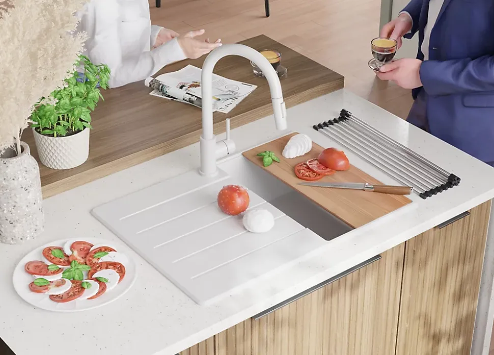 PRIMAGRAN Evier Cuisine en Granit Tout Blanc 70x50cm, Lavabo 1 bac + Accessoires, Évier à Encastrer au meuble 40cm