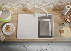 PRIMAGRAN Evier Cuisine en Granit Tout Blanc 70x50cm, Lavabo 1 bac + Accessoires, Évier à Encastrer au meuble 40cm