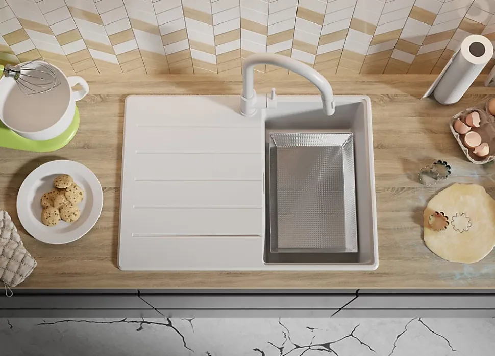 PRIMAGRAN Evier Cuisine en Granit Tout Blanc 70x50cm, Lavabo 1 bac + Accessoires, Évier à Encastrer au meuble 40cm