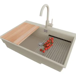 PRIMAGRAN Evier Cuisine en Granit Beige 78x53cm, Lavabo 1 bac + Kit de Vidage + Accessoires, Évier à Encastrer au meuble 80cm