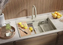 PRIMAGRAN Evier Cuisine en Granit Beige 78x53cm, Lavabo 1 bac + Kit de Vidage + Accessoires, Évier à Encastrer au meuble 80cm