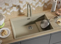 PRIMAGRAN Evier Cuisine en Granit Beige 78x53cm, Lavabo 1 bac + Kit de Vidage + Accessoires, Évier à Encastrer au meuble 80cm