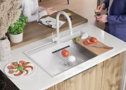 PRIMAGRAN Evier Cuisine en Granit Blanc 78x53cm, Lavabo 1 bac + Kit de Vidage + Accessoires, Évier à Encastrer au meuble 80cm