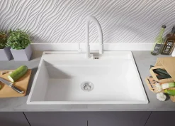 PRIMAGRAN Evier Cuisine en Granit Blanc 78x53cm, Lavabo 1 bac + Kit de Vidage + Accessoires, Évier à Encastrer au meuble 80cm