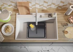 PRIMAGRAN Evier Cuisine en Granit Blanc 78x53cm, Lavabo 1 bac + Kit de Vidage + Accessoires, Évier à Encastrer au meuble 80cm