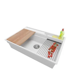 PRIMAGRAN Evier Cuisine en Granit Blanc 78x53cm, Lavabo 1 bac + Kit de Vidage + Accessoires, Évier à Encastrer au meuble 80cm