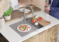 PRIMAGRAN Evier Cuisine en Granit Gris 78x50cm, Lavabo 1 bac + Kit de Vidage + Accessoires, Évier à Encastrer au meuble 45cm