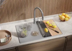 PRIMAGRAN Evier Cuisine en Granit Gris 78x50cm, Lavabo 1 bac + Kit de Vidage + Accessoires, Évier à Encastrer au meuble 45cm