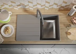 PRIMAGRAN Evier Cuisine en Granit Gris 78x50cm, Lavabo 1 bac + Kit de Vidage + Accessoires, Évier à Encastrer au meuble 45cm