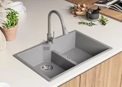 PRIMAGRAN Evier Cuisine en Granit Gris 78x50cm, Lavabo 2 bacs + Kit de Vidage, Évier à Encastrer au meuble 80cm - Madrid Twin