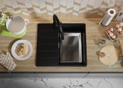 PRIMAGRAN Evier Cuisine en Granit Noir 55x50cm, Lavabo 1 bac + Kit de Vidage + Accessoires, Évier à Encastrer au meuble 40cm