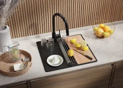 PRIMAGRAN Evier Cuisine en Granit Noir 55x50cm, Lavabo 1 bac + Kit de Vidage + Accessoires, Évier à Encastrer au meuble 40cm