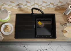 PRIMAGRAN Evier Cuisine en Granit Noir Métallisé 78x50cm, Lavabo 1 bac + Accessoires, Évier à Encastrer au meuble 50cm