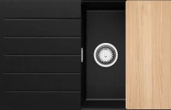 PRIMAGRAN Evier Cuisine en Granit Noir Métallisé 78x50cm, Lavabo 1 bac + Accessoires, Évier à Encastrer au meuble 50cm