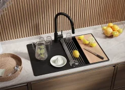 PRIMAGRAN Evier Cuisine en Granit Noir Métallisé 78x50cm, Lavabo 1 bac + Accessoires, Évier à Encastrer au meuble 50cm