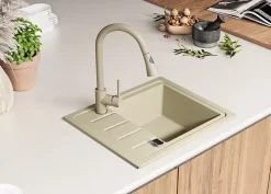 PRIMAGRAN Evier Cuisine en Granit Beige 55x44cm, Lavabo 1 bac + Kit de Vidage, Évier à Encastrer au meuble 45cm - Copenhague Easy