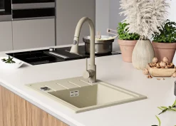 PRIMAGRAN Evier Cuisine en Granit Beige 55x44cm, Lavabo 1 bac + Kit de Vidage, Évier à Encastrer au meuble 45cm - Copenhague Easy