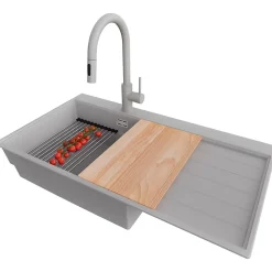 PRIMAGRAN Evier Cuisine en Granit Gris 90x50cm, Lavabo 1 bac + Kit de Vidage + Accessoires, Évier à Encastrer au meuble 60cm