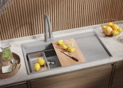 PRIMAGRAN Evier Cuisine en Granit Gris 90x50cm, Lavabo 1 bac + Kit de Vidage + Accessoires, Évier à Encastrer au meuble 60cm