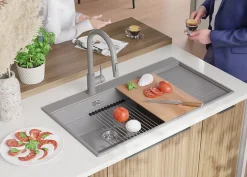 PRIMAGRAN Evier Cuisine en Granit Gris 90x50cm, Lavabo 1 bac + Kit de Vidage + Accessoires, Évier à Encastrer au meuble 60cm