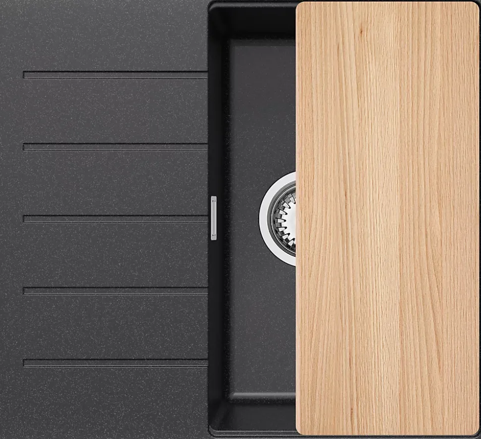 PRIMAGRAN Evier Cuisine en Granit Graphite 55x50cm, Lavabo 1 bac + Kit de Vidage + Accessoires, Évier à Encastrer au meuble 40cm