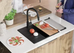 PRIMAGRAN Evier Cuisine en Granit Graphite 55x50cm, Lavabo 1 bac + Kit de Vidage + Accessoires, Évier à Encastrer au meuble 40cm