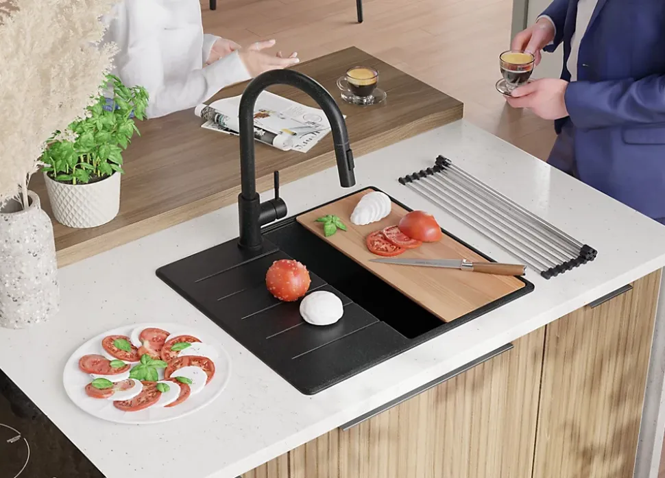 PRIMAGRAN Evier Cuisine en Granit Graphite 55x50cm, Lavabo 1 bac + Kit de Vidage + Accessoires, Évier à Encastrer au meuble 40cm